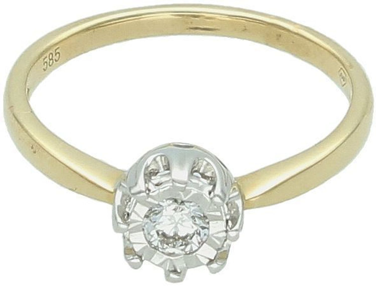 Elegancki pierścionek z żółtego i białego złota 585, z diamentem 0,18 ct, barwa H, czystość SI. Model R55116YW, waga 2,10 g. Certyfikat autentyczności w zestawie.1.jpg